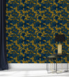 Elegant Dark Blue Wallpaper with Yellow Flowers Vogue