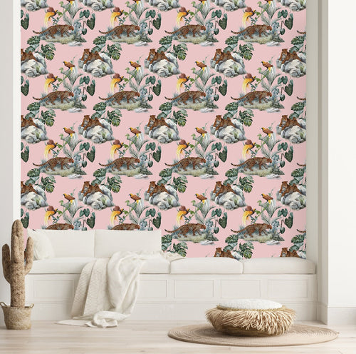 Pink Wallpaper with Leopard and Birds
