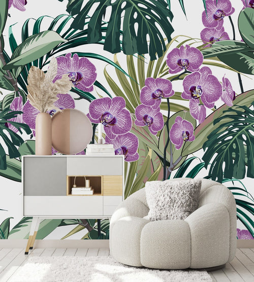 Orchid Flowers and Exotic Leaves Wallpaper