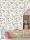White Wallpaper with Leaves and Animals