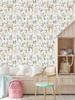 White Wallpaper with Leaves and Animals