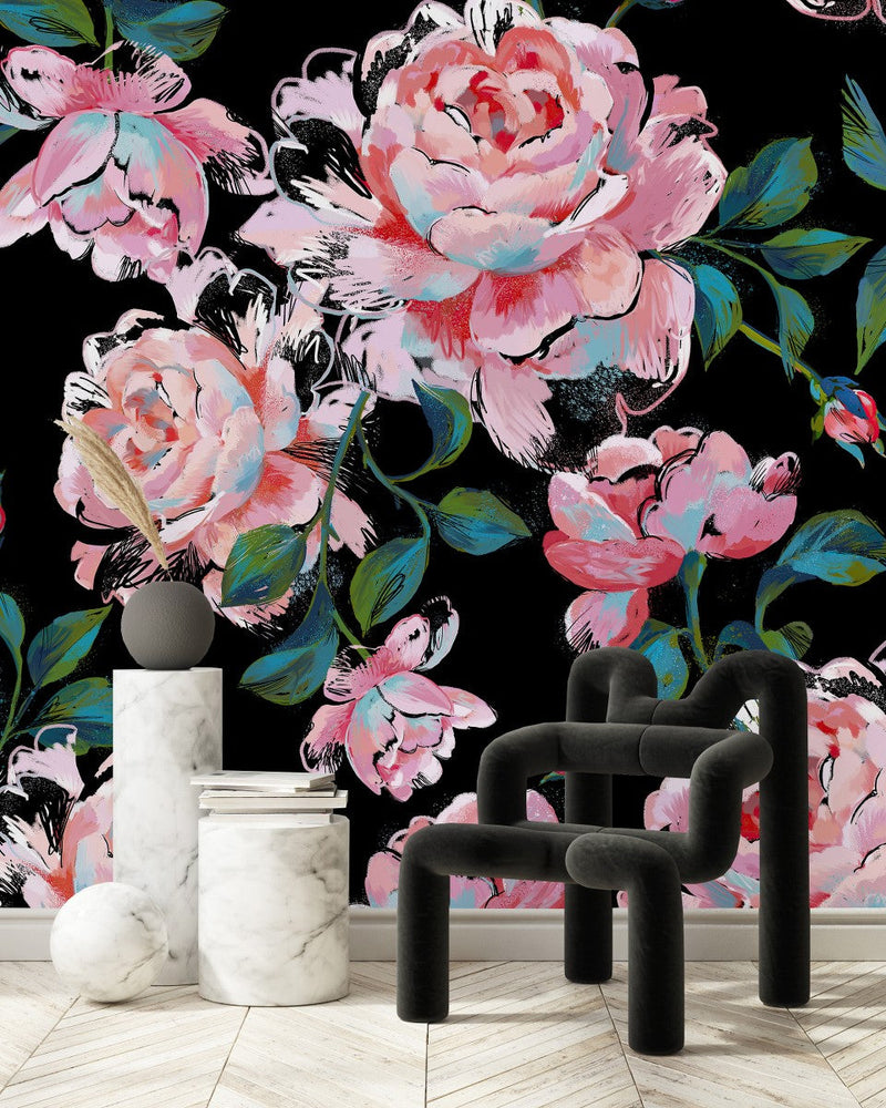 Modish Dark Wallpaper with Pink Flowers Chic Select