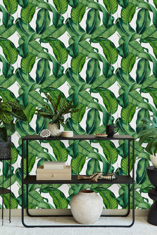 White Wallpaper with Green Leaves
