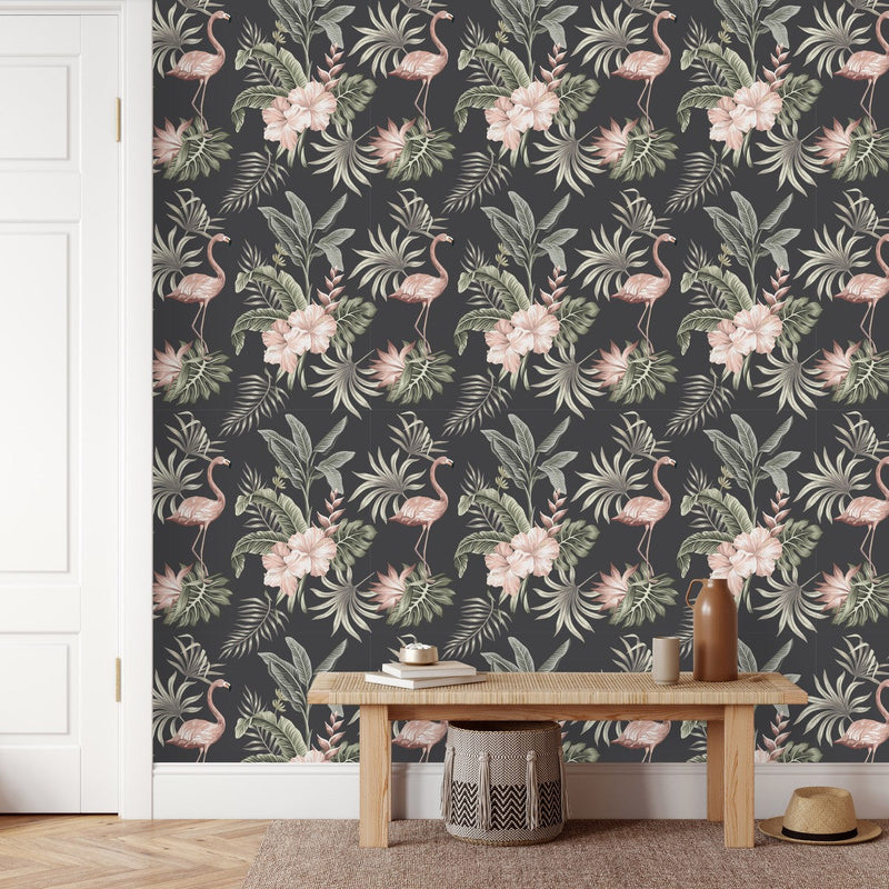 Flamingos on Dark Background Wallpaper