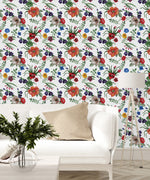 White Wallpaper with Multicolored Flowers