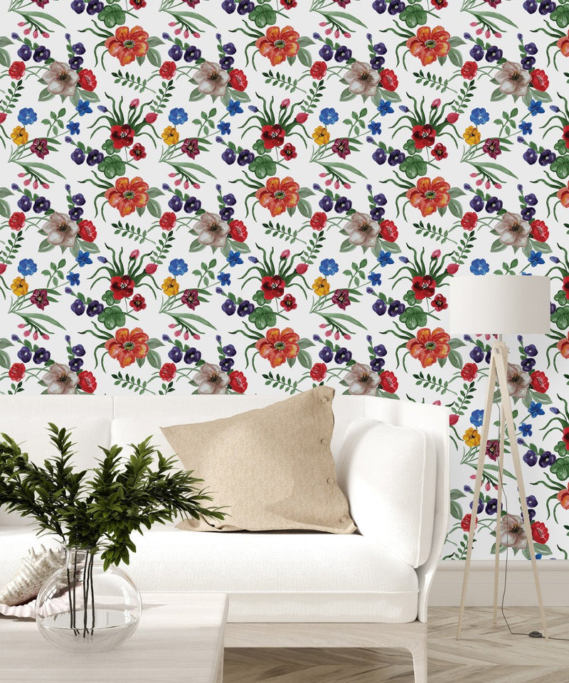 White Wallpaper with Multicolored Flowers