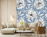 Blue Wallpaper with White Flowers