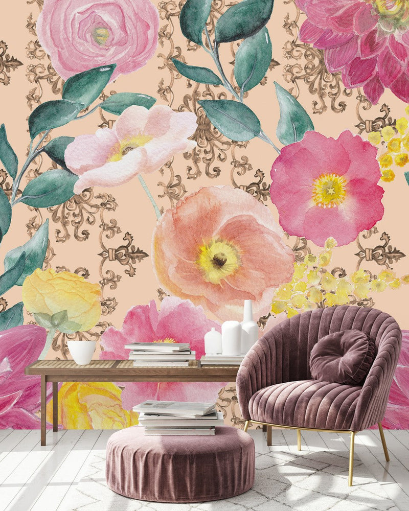 Contemporary Modern Pink Floral Wallpaper