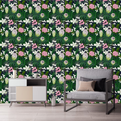 Floral Wallpaper with White Protea