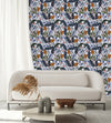 White Wallpaper with Leaves and Flowers