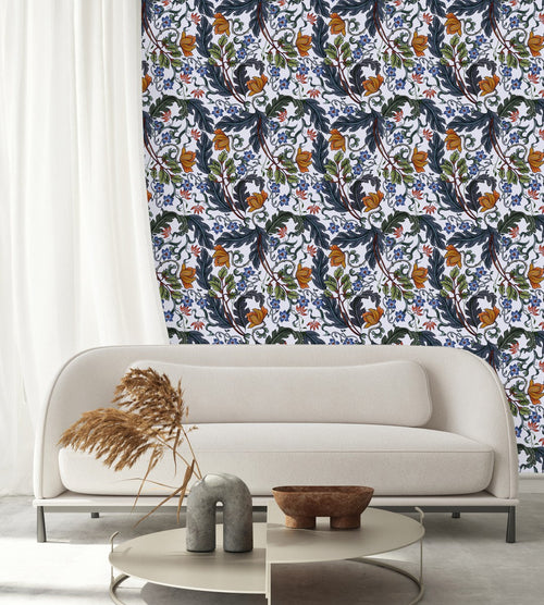 White Wallpaper with Leaves and Flowers