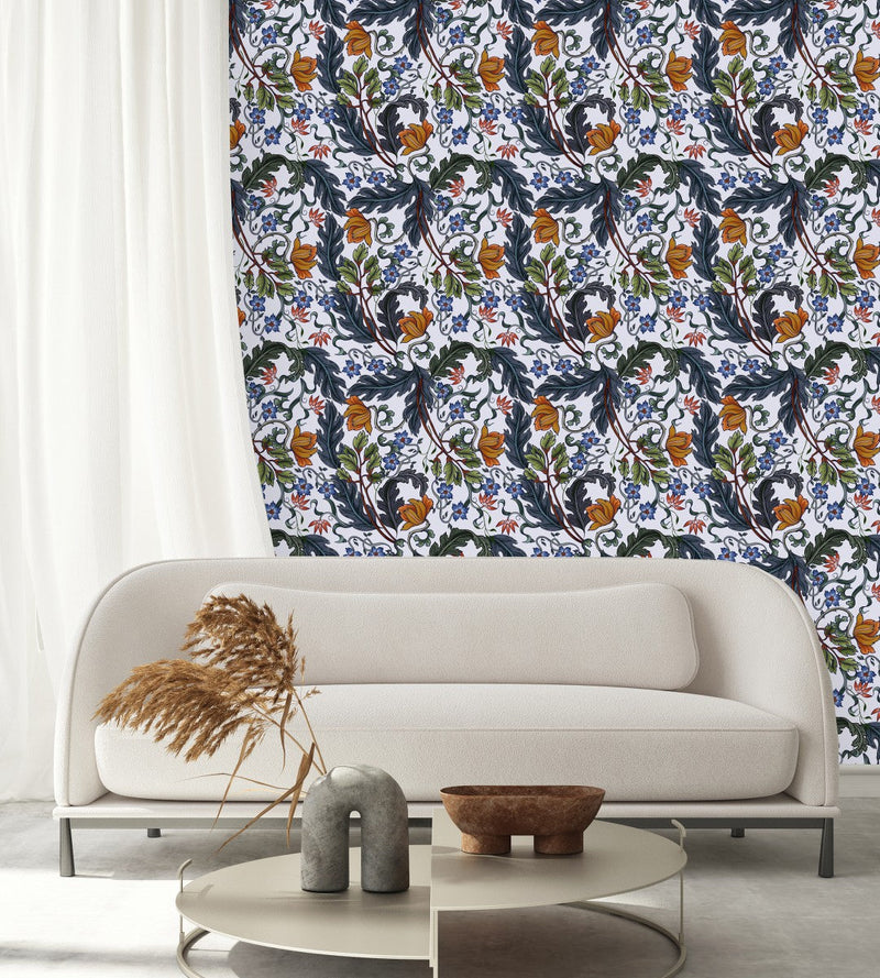 White Wallpaper with Leaves and Flowers
