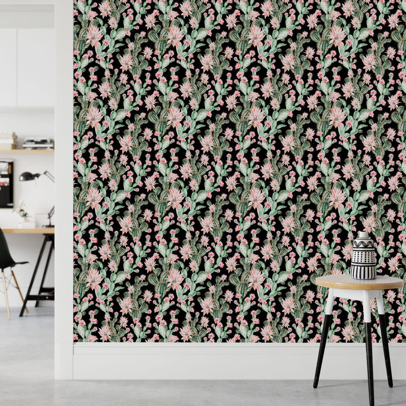 Dark Wallpaper with Pink Cactus Flowers