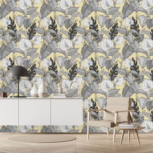 Yellow and Grey Floral Wallpaper