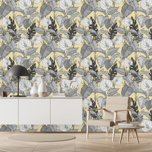 Yellow and Grey Floral Wallpaper