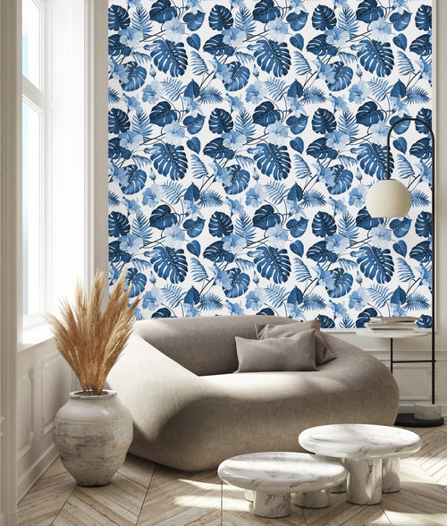 Blue Exotic Leaves and Flowers Wallpaper