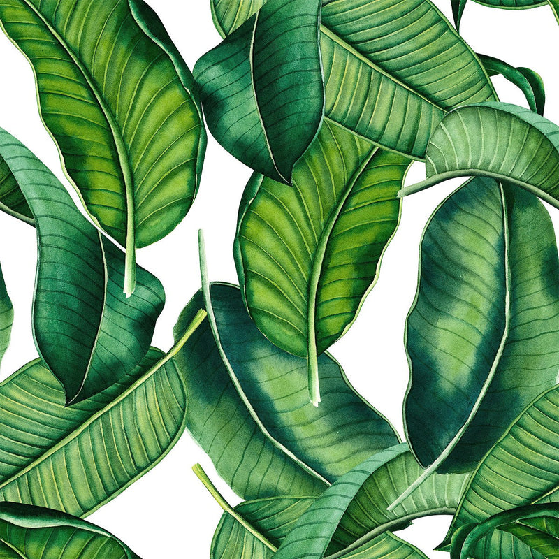 White Wallpaper with Green Leaves