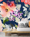 Large Watercolor Flowers on Navy Background Wallpaper Mural
