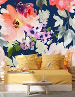 Large Watercolor Flowers on Navy Background Wallpaper Mural