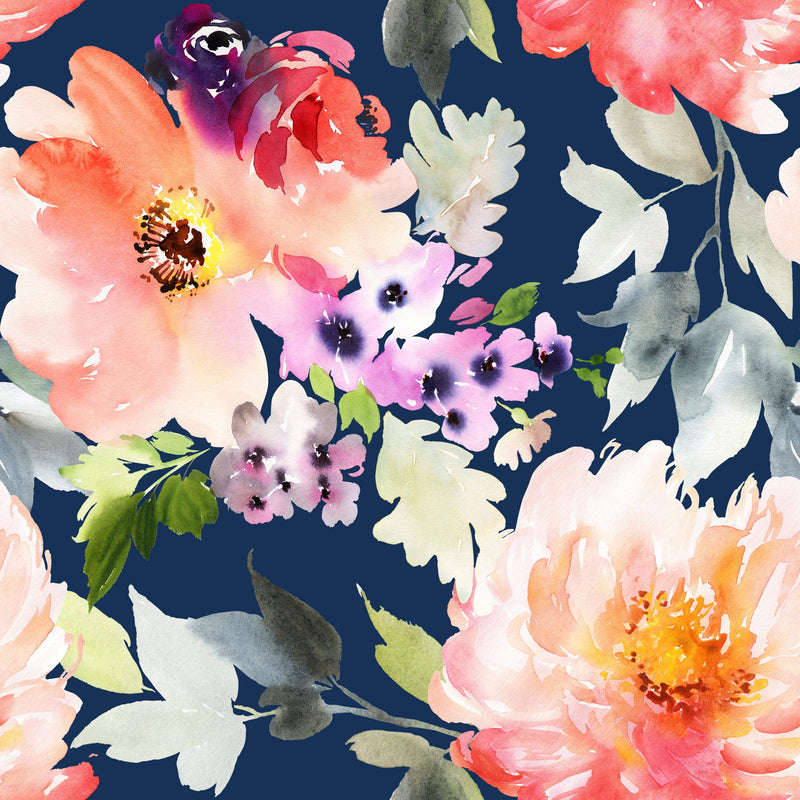 Large Watercolor Flowers on Navy Background Wallpaper Mural