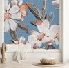 Modish Blue Wallpaper with White Flowers