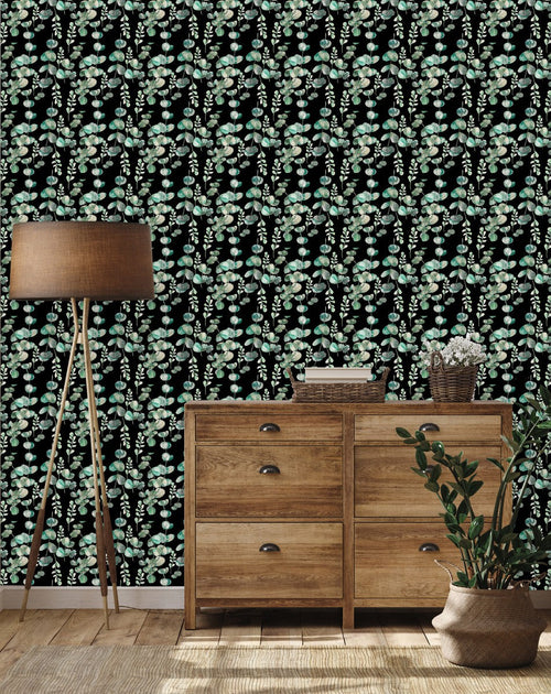 Green Leaves on Black Wallpaper