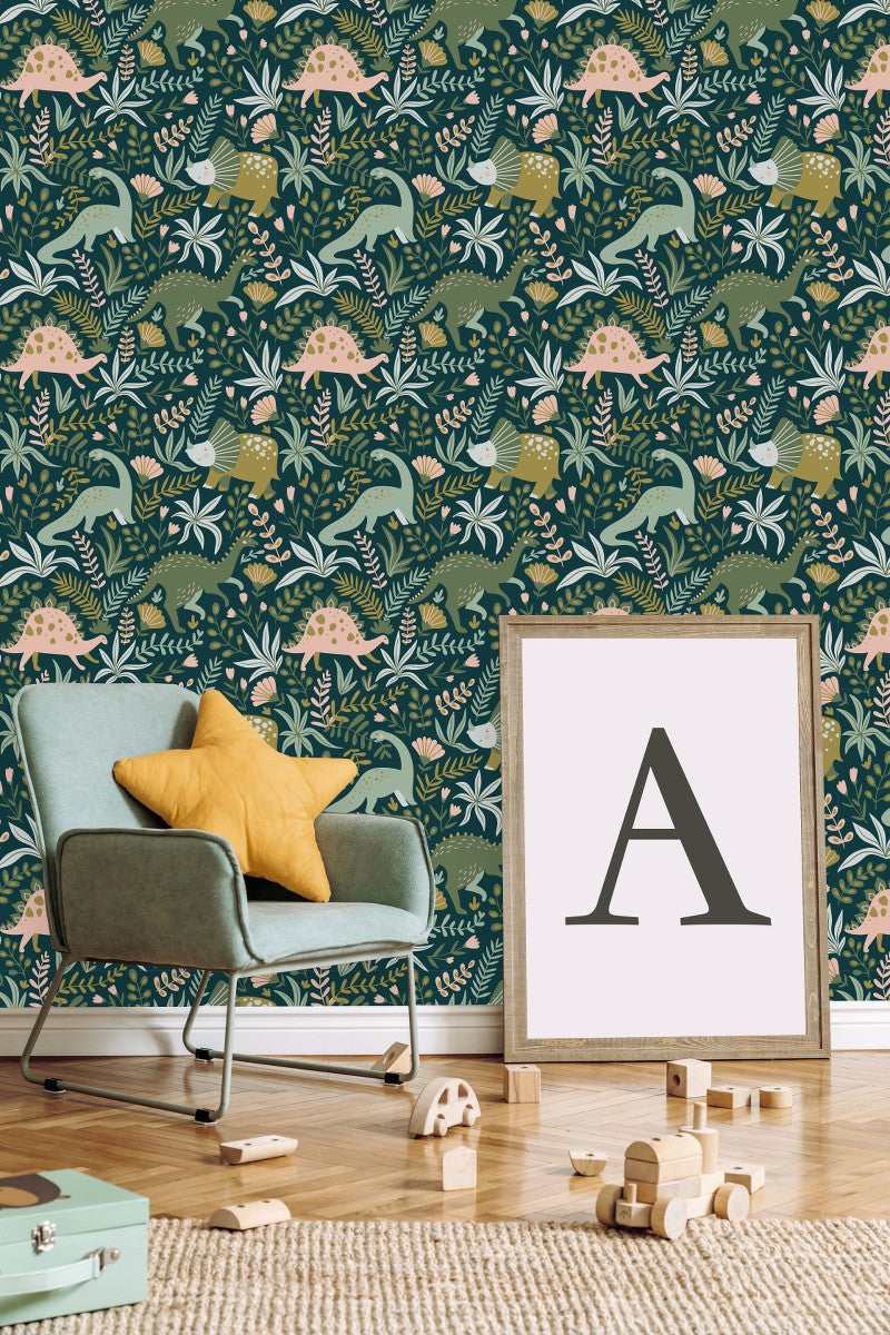 Green Wallpaper with Dinosaurs