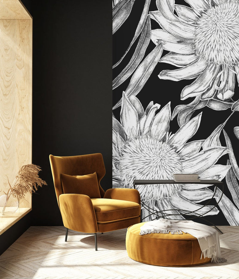 Black Wallpaper with White  Floral Pattern