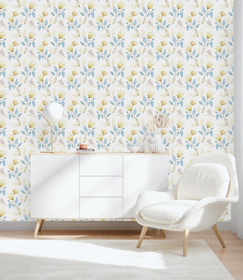 Light Wallpaper with Blue Leaves