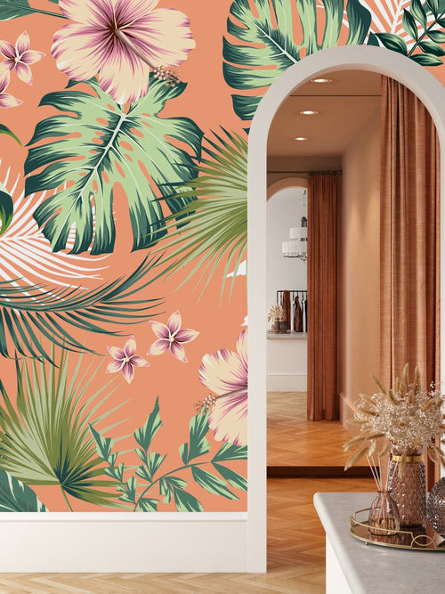 Orange Wallpaper with Exotic Flowers