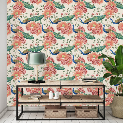 Peacocks and Flowers Wallpaper
