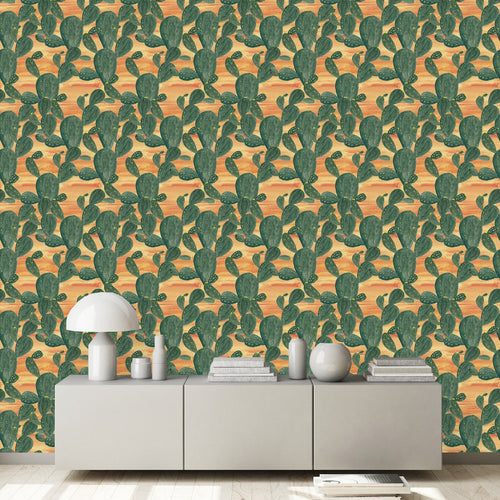 Orange Wallpaper with Cactus