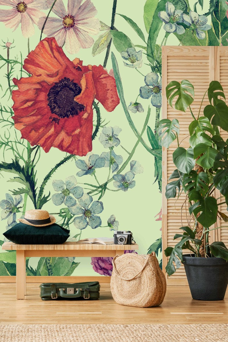 Green Wallpaper with Poppies