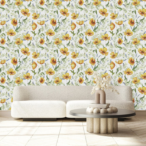 Elegant Light Wallpaper with Yellow Flowers