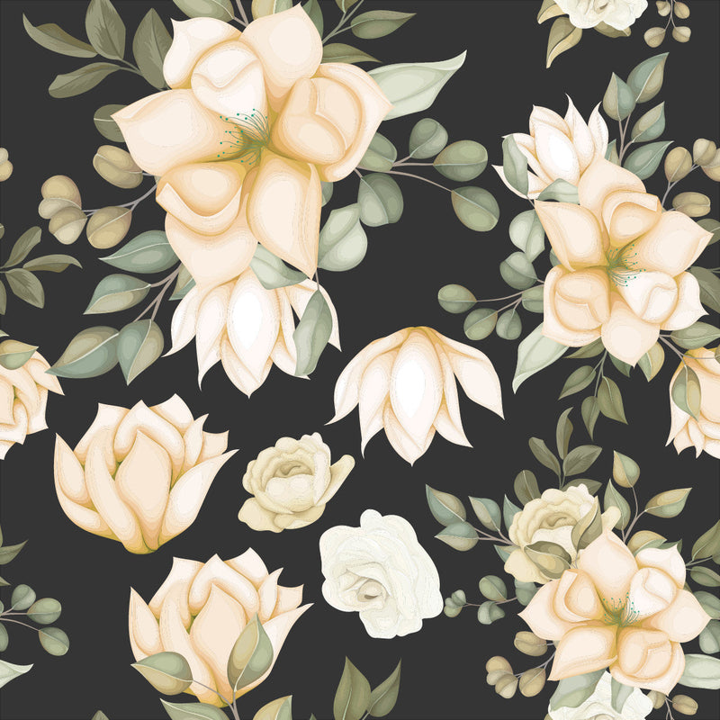 Beige Flowers on Dark Green Wallpaper