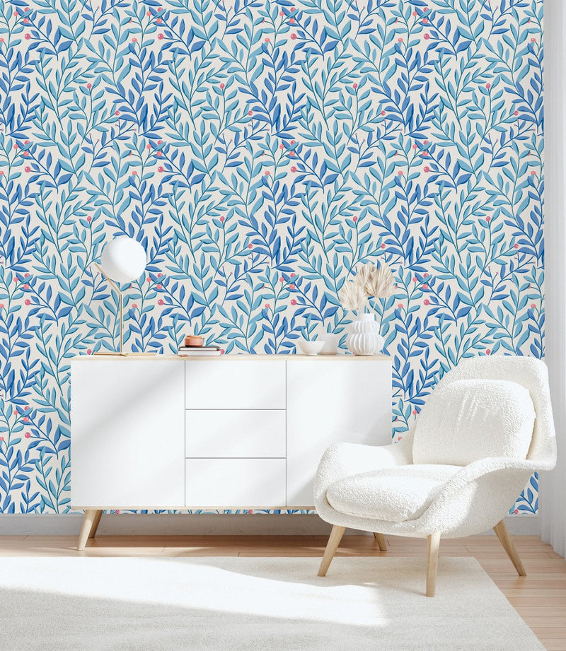 Elegant Blue Leaves and Berries Wallpaper Smart