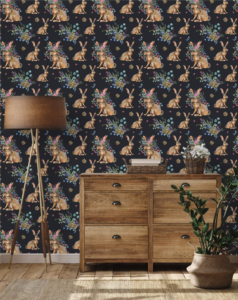 Hares and Botanical Bouquet Wallpaper