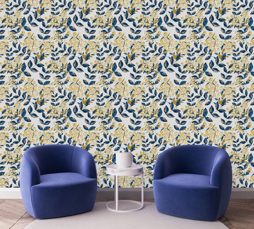 Blue Leaves and Gold Berries Wallpaper