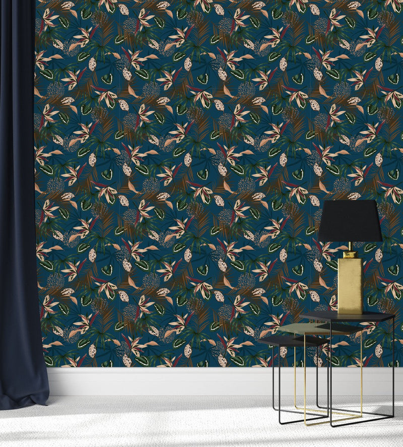 Dark Blue Wallpaper with Leaves