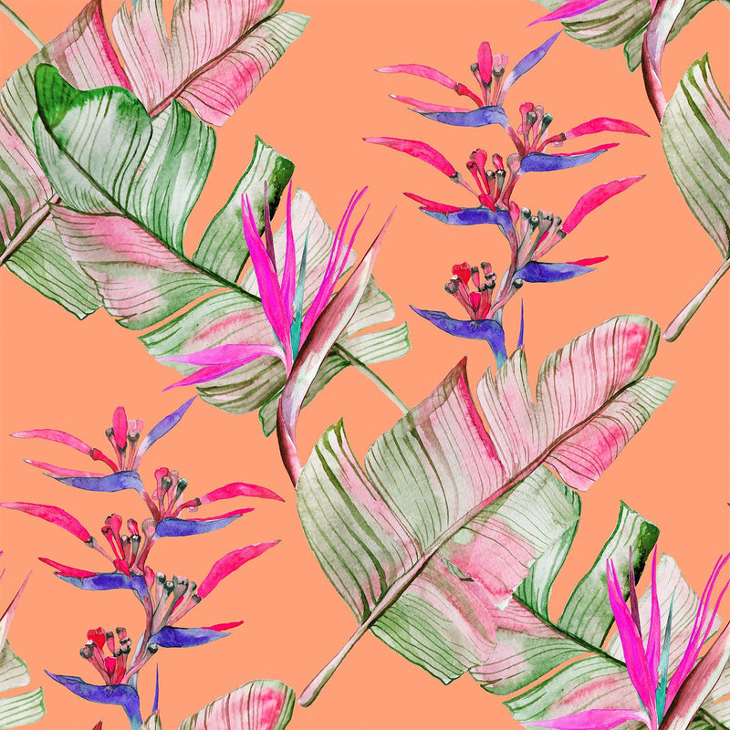 Brightly Orange Wallpaper with Palm Leaves