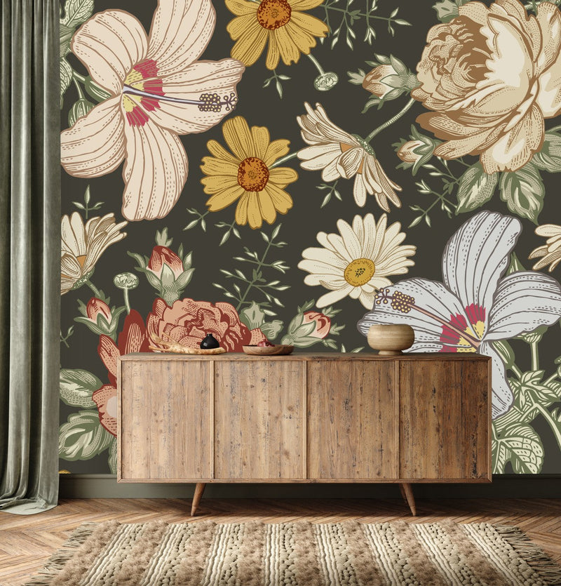 Flowers on Dark Green Background Wallpaper