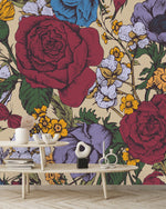 Beige Wallpaper with Red Roses