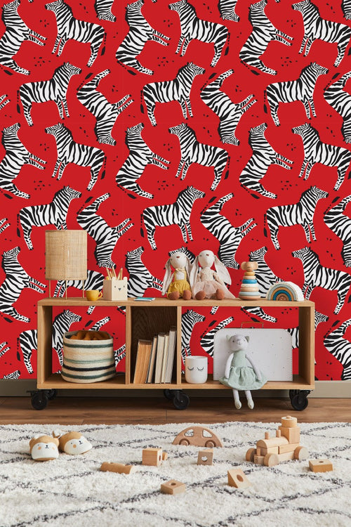 Zebras on Red Background Wallpaper