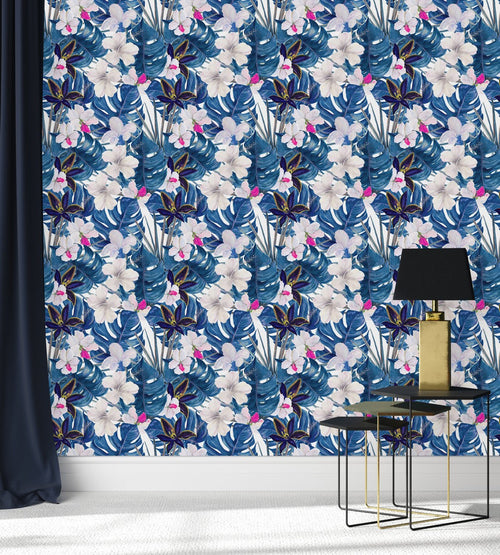 Blue Monstera Leaves Wallpaper
