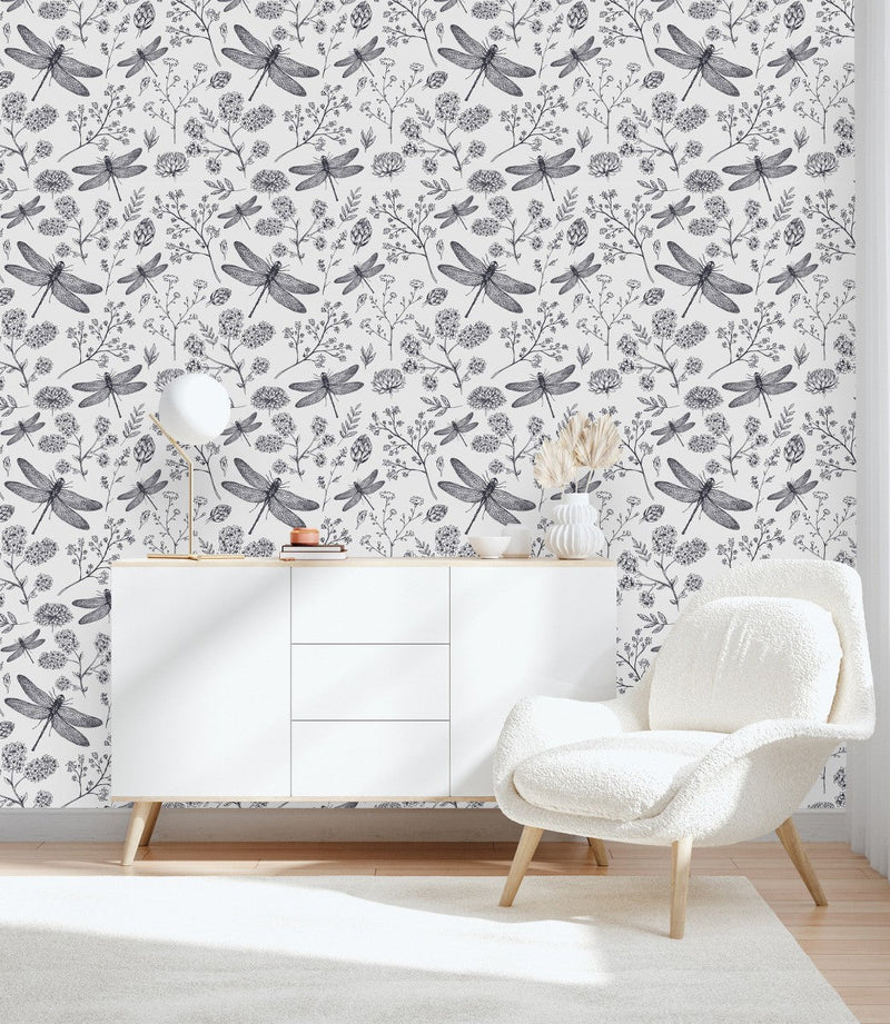 Botanical Wallpaper with Dragonflies