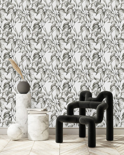 Fashionable Black and White Leaves Wallpaper Chic High-Quality