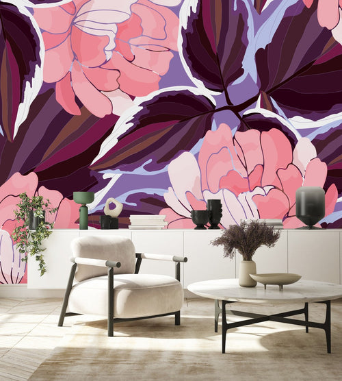 Purple Wallpaper with Pink Flowers