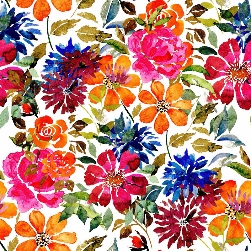 White Wallpaper with Brightly Flowers