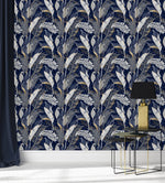 Dark Blue Wallpaper with Palm Leaves