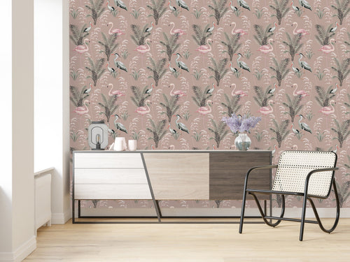 Beige Wallpaper with Exotic Birds